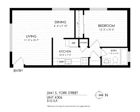 A floor plan of an apartment at 2441 S. York Street shows a living room, dining room, kitchen, pantry, and bathroom.